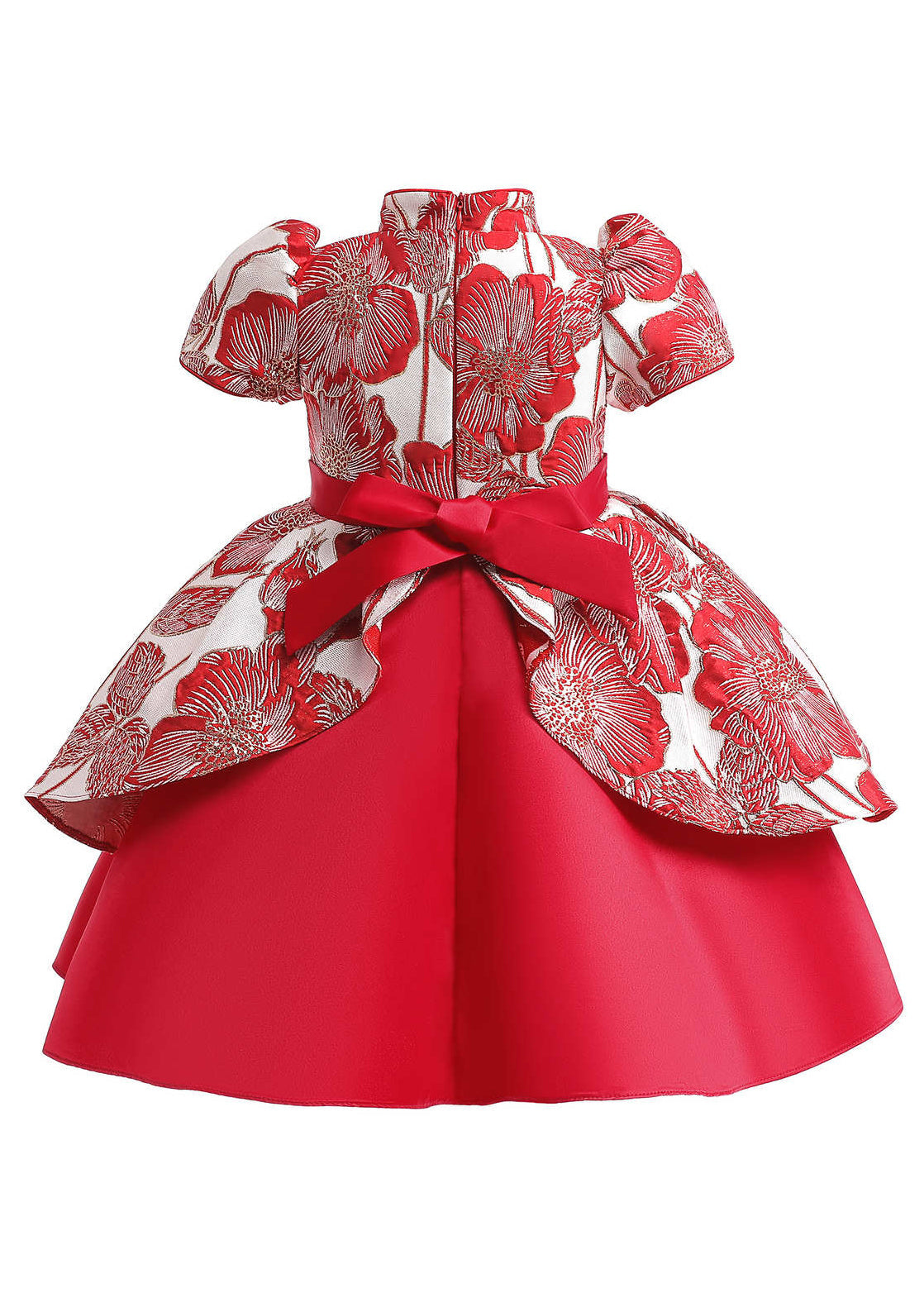 Red Short Cute Sleeve Asymmetrical Bow Kids Maxi Print Dress