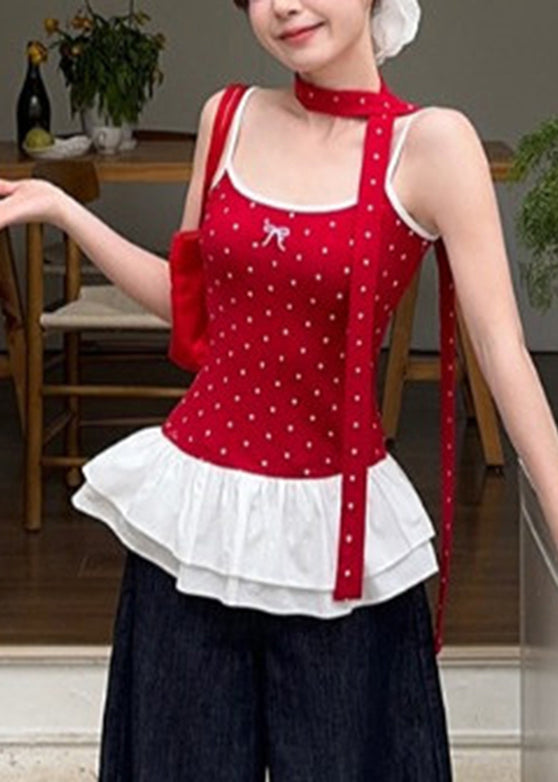 Red Ruffled Summer Tank Cute Wrinkled Patchwork Dot
