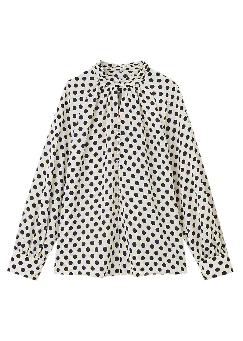 Elegant Beige Stand Collar Dot Print Chiffon Shirts Long Sleeve WW008