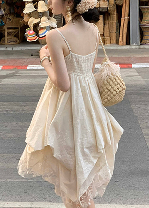 Elegant V Mini Dresses Beige Cotton Sleeveless Neck Lace