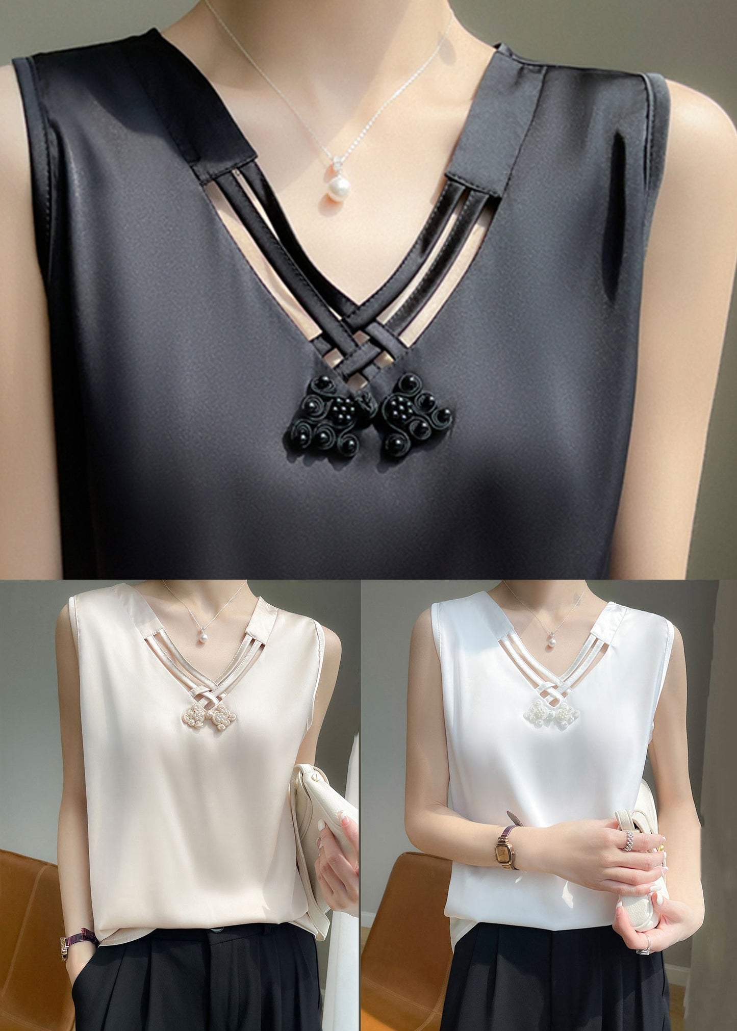 Sleeveless Hollow Tank V Black Silk Neck Out Elegant