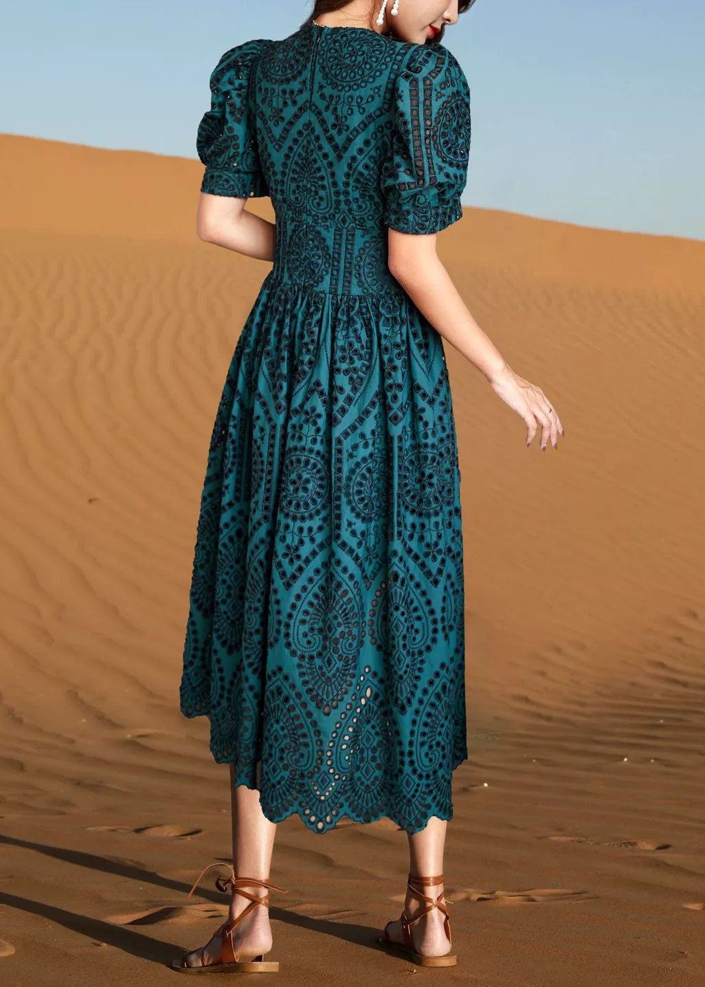 Green Out Blackish Hollow Cotton Summer Neck Dresses V Elegant