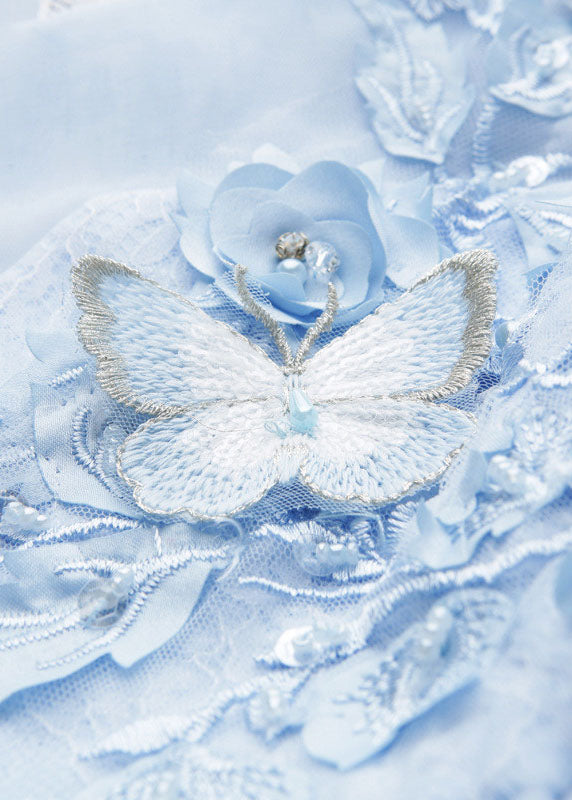 Elegant Blue Butterfly Floral Tulle Kids Long Dress Sleeveless YS008