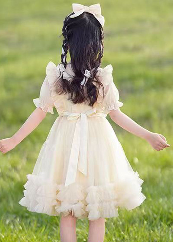 Elegant Champagne Bow Patchwork Button Tulle Girls Long Dress Short Sleeve EW032