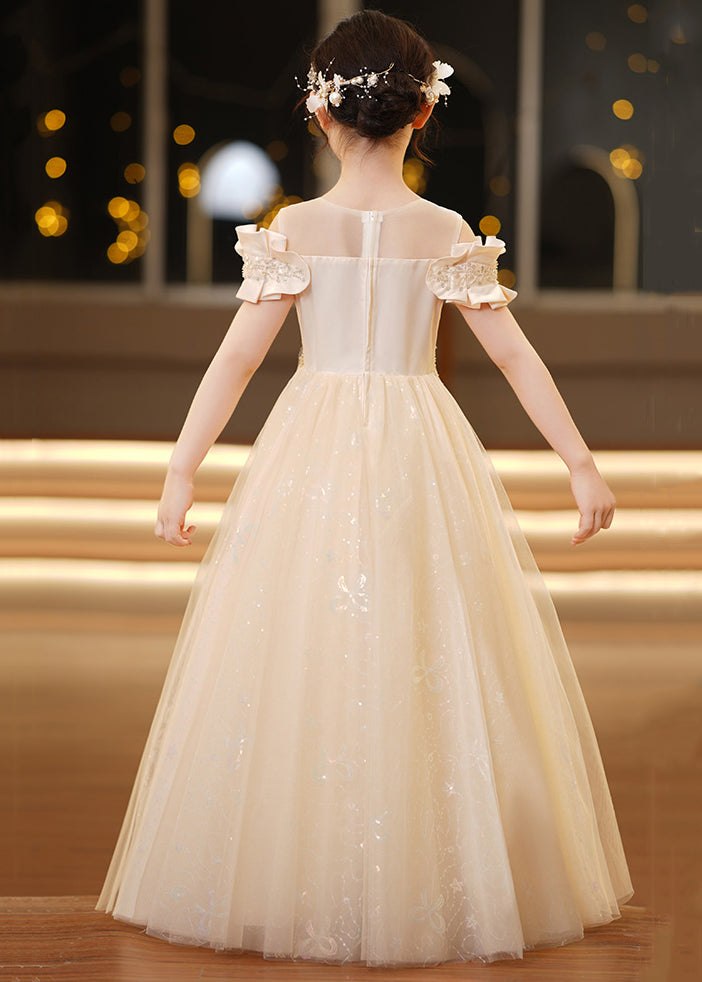 Elegant Champagne O-Neck Sequins Tulle Girls Holiday Dress Summer TT032