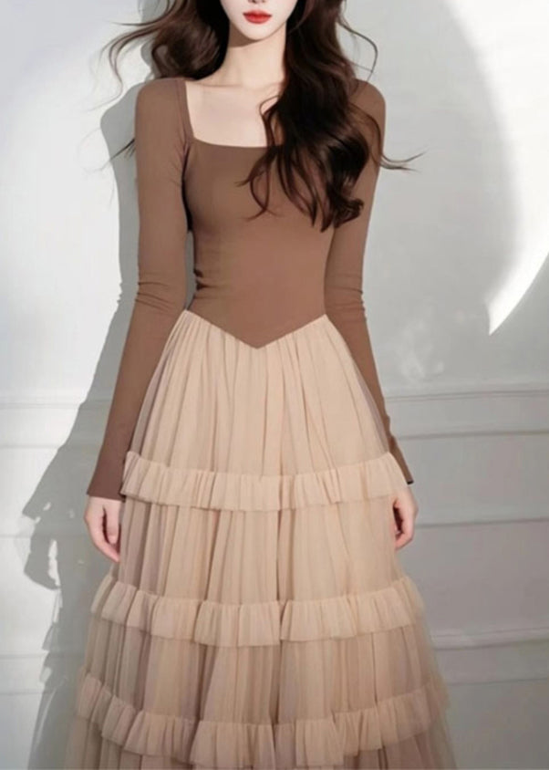 Cake Long Coffee Square Tulle Elegant Dress Patchwork Collar