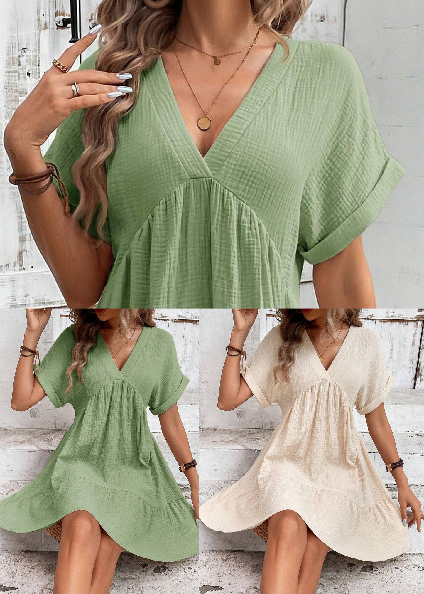 Summer Green Line A Dresses Cotton V Neck Elegant