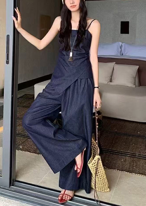 Elegant Navy Denim Summer Fit Piece Asymmetrical Silm 2 Outfit