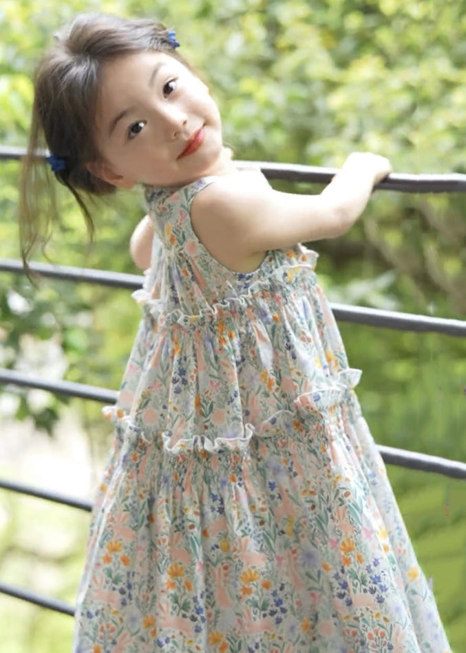 Elegant Photo Color Ruffled Print Cotton Girls Dress Sleeveless EW055