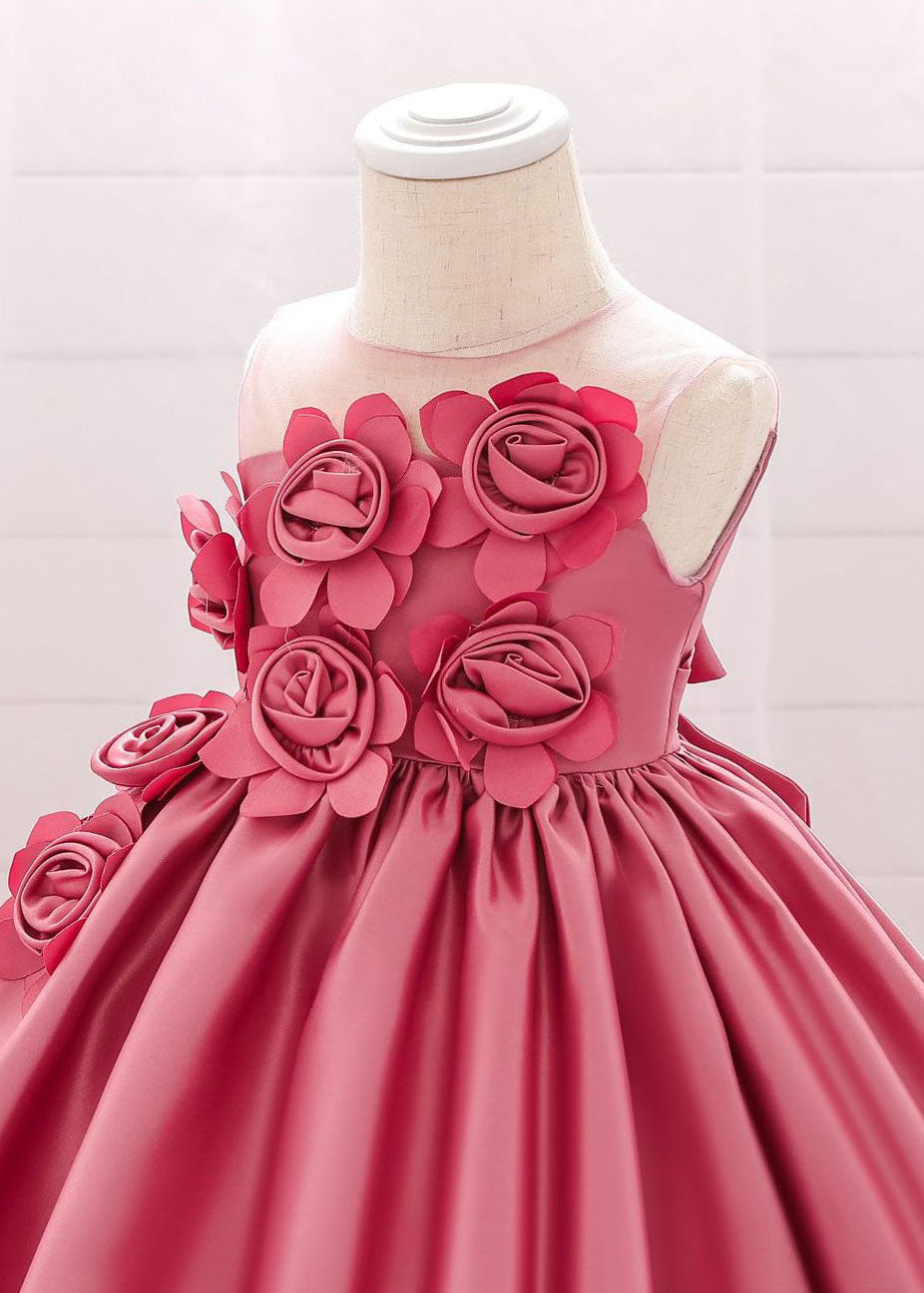 Elegant Pink O-Neck Patchwork Floral Kids Long Dress Sleeveless YS013