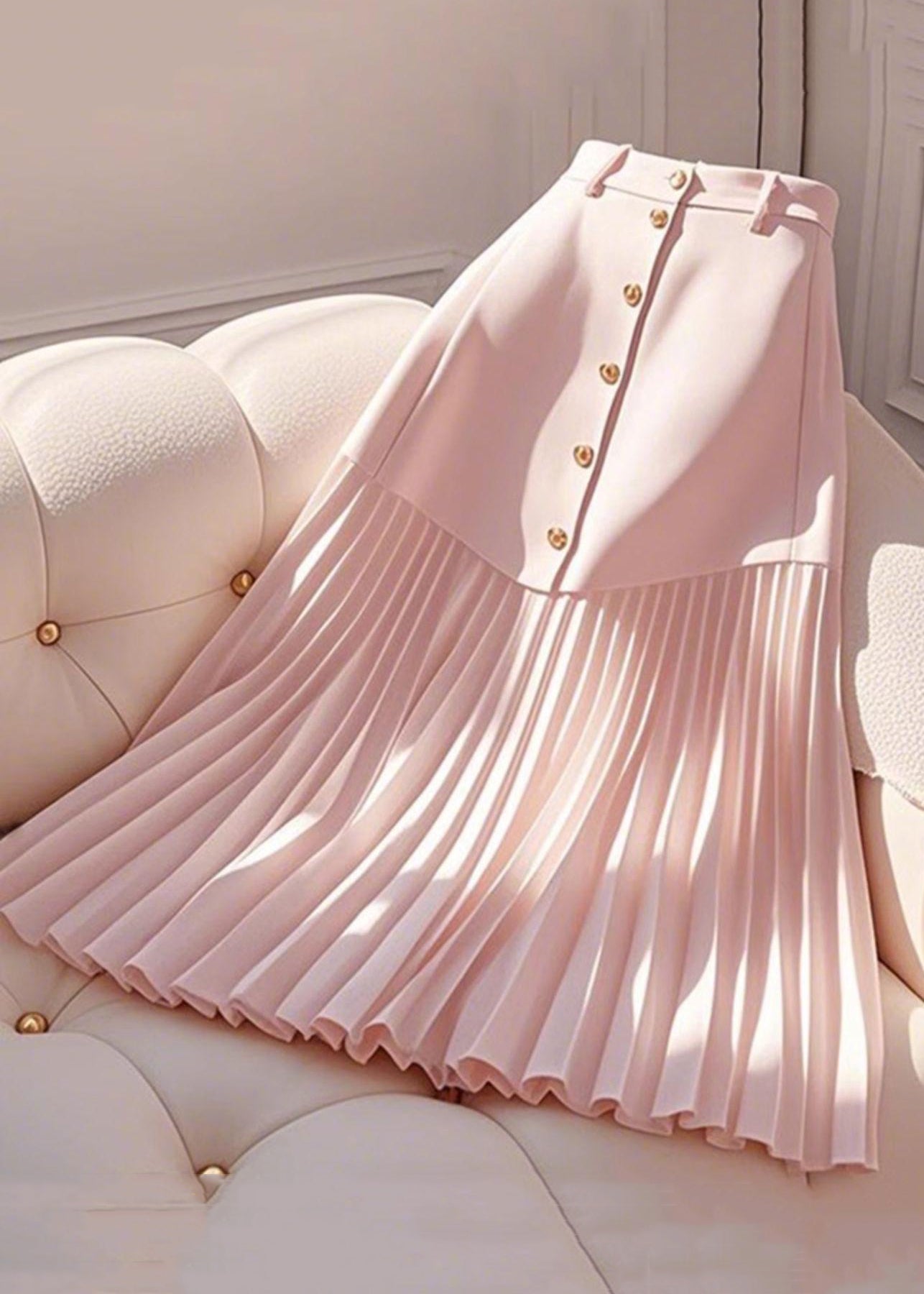 Summer Cotton Skirts Elegant Wrinkled Pink Waist High