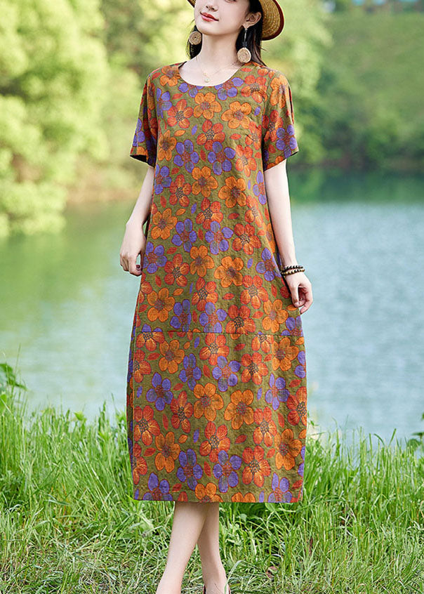 Summer Dress Oversized Elegant Floral Linen Polychrome Mid
