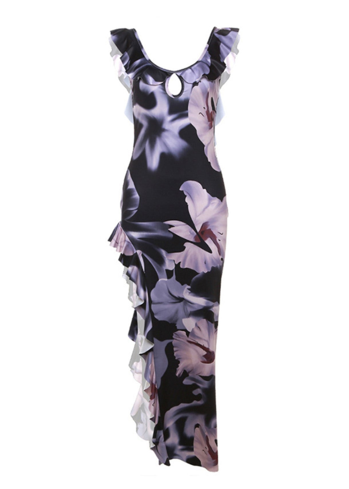 Purple Asymmetrical Summer Cotton Print Ruffled Elegant Dress