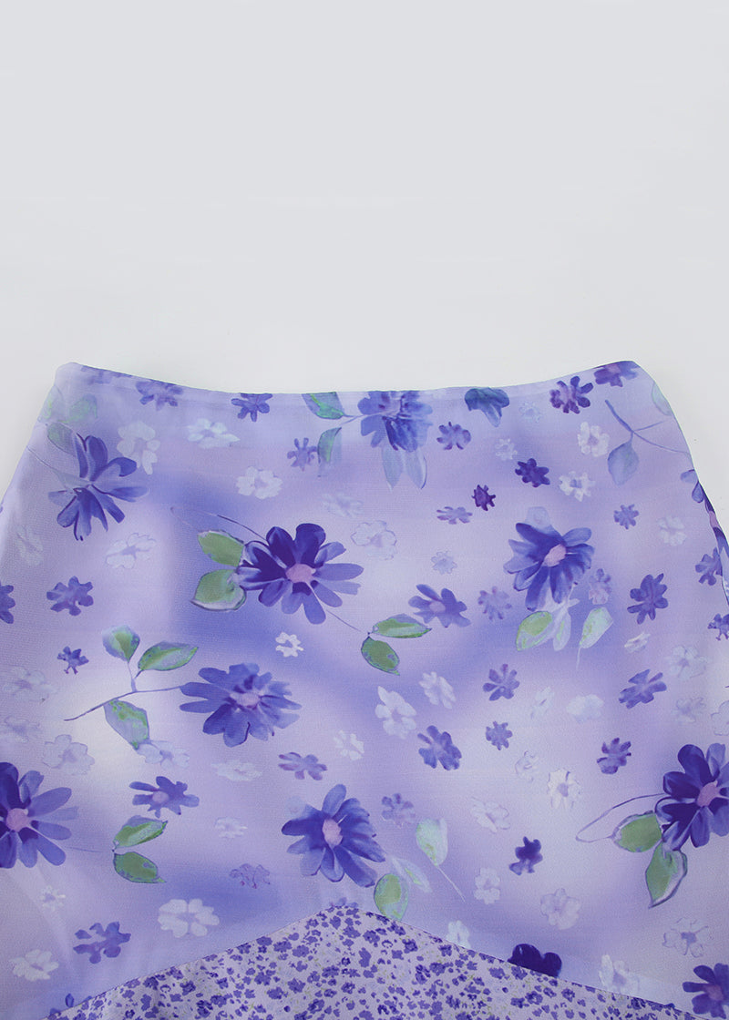 Patchwork Skirt Elegant Summer Purple Zippered Chiffon Print