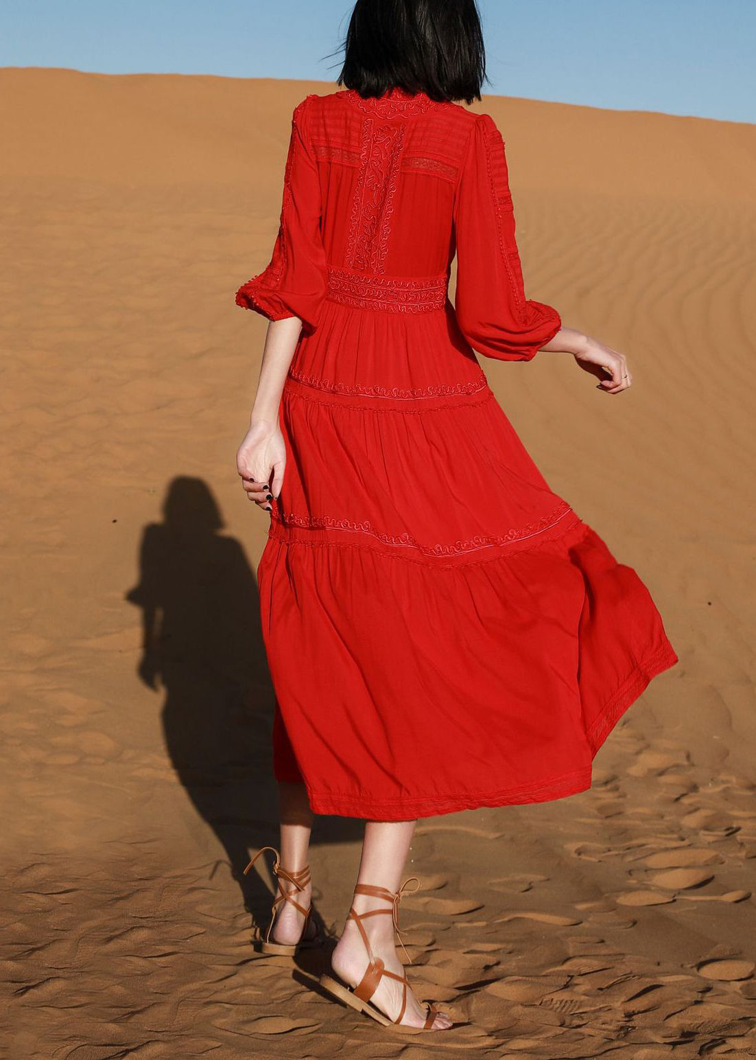 Red Elegant V Cotton Dresses Solid Neck Long Embroidered Bracelet