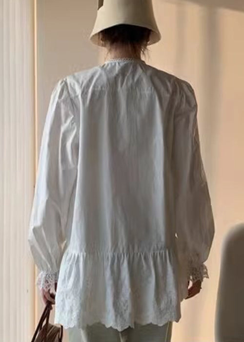 Cotton Button Lace Shirt White Elegant Fall