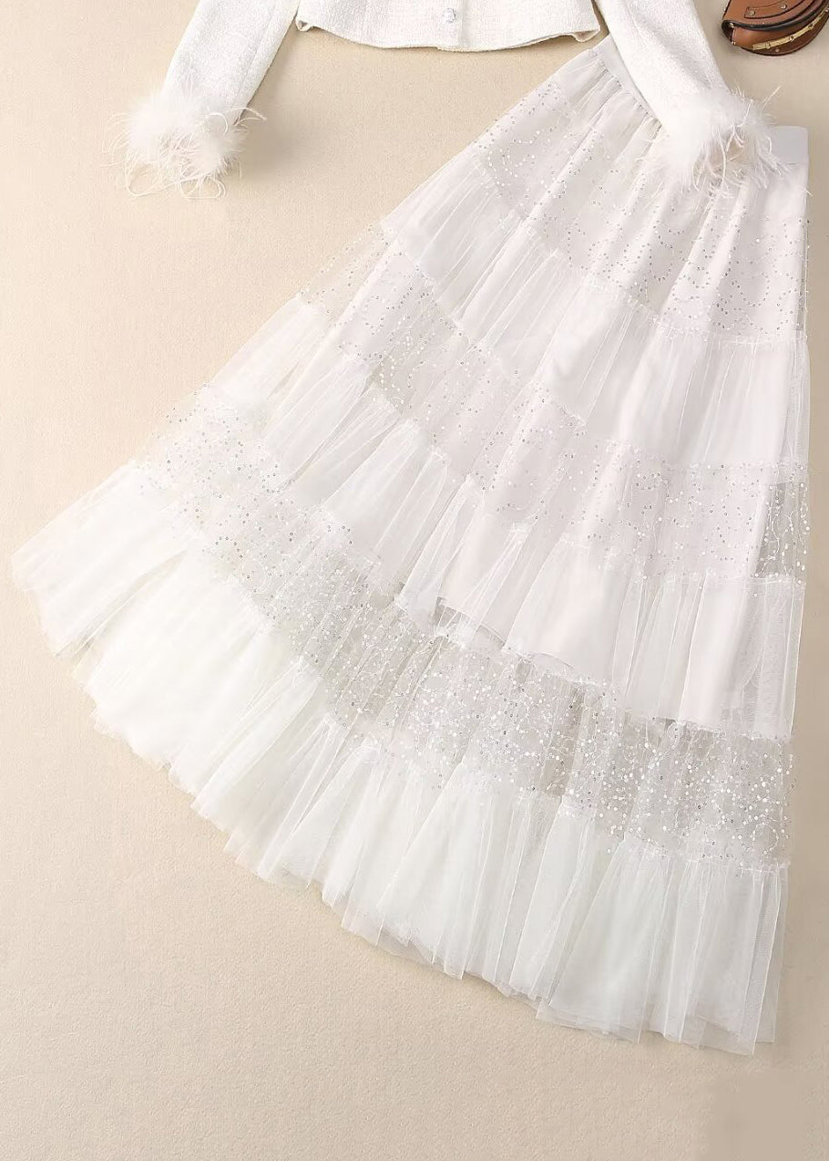 Two Elegant White Sequins Bead Tulle Maxi Coats And Skirt Nail
