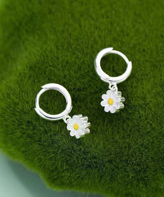 Elegant Hoop Silver Sterling Earrings White Chrysanthemum