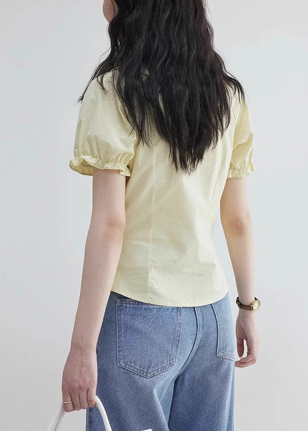 ElegantYellow Sleeve Blouses Wrinkled Zippered Cotton Puff