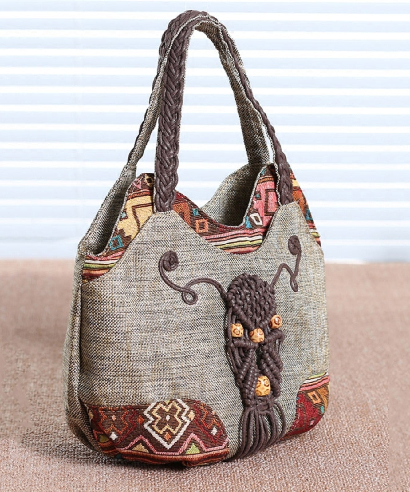 Ethnic Canvas Bag Woven Patchwork Tote Style Grey