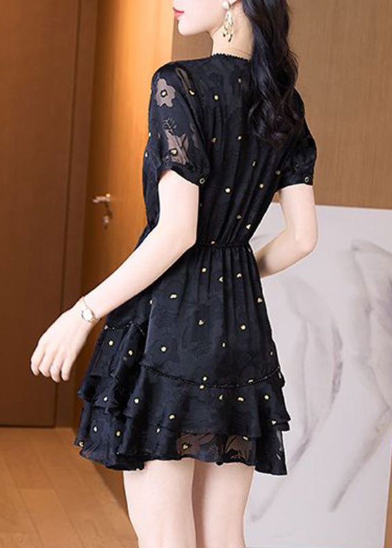 Patchwork Dress Cinched Mid V Fashion Tulle Neck Summer Black
