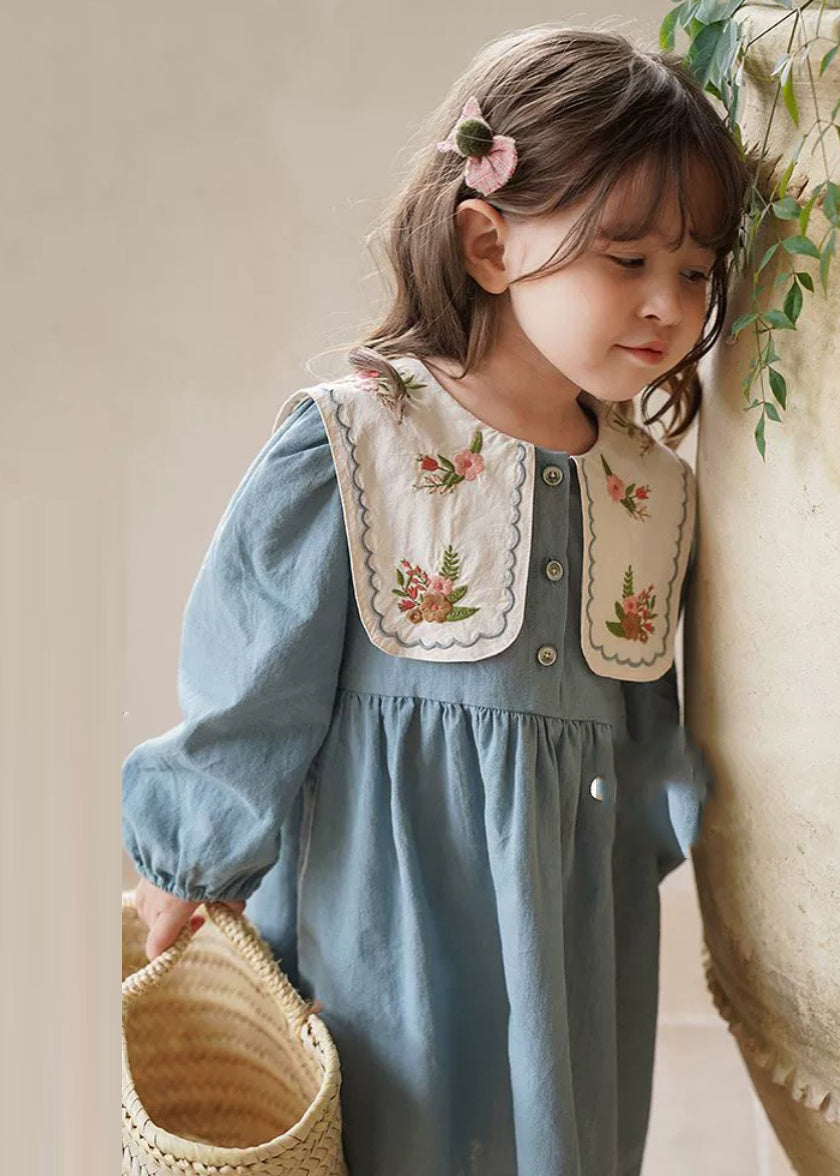 Fashion Blue Embroideried Patchwork Girls Long Dress Fall SS1034