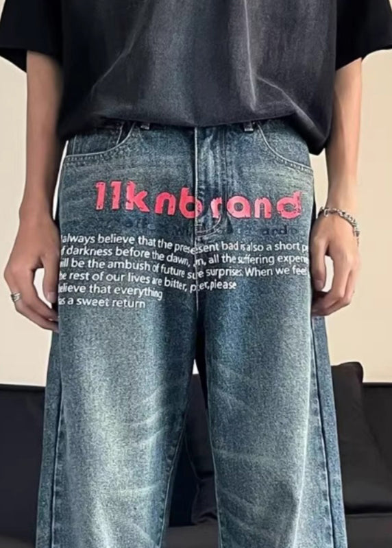 Fashion Blue Pockets Graphic Men Straight Jeans SA027