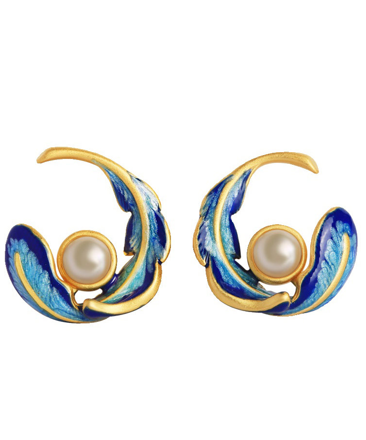 Earrings Copper Feather Hoop Pearl Alloy Fashion Colorblock