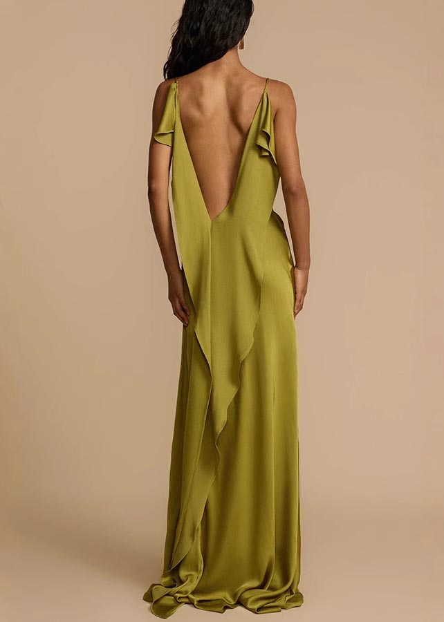 Fashion Silk Backless Green Side Cami Summer Dress Open