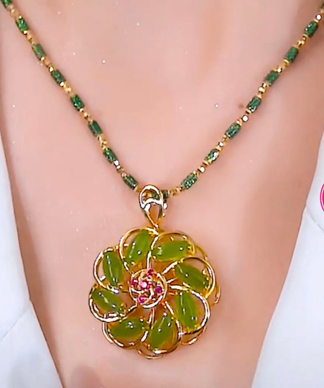 Fashion Green Sterling Silver Overgild Inlaid Floral Pendant Necklace YA049