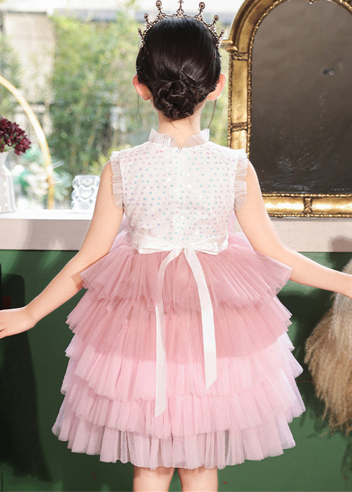 Fashion Pink Stand Collar Dot Patchwork Tulle Girls Dress Sleeveless EW030