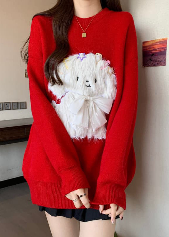 Fashion Red O Neck Dogs Loose Knit Sweaters Spring TN032