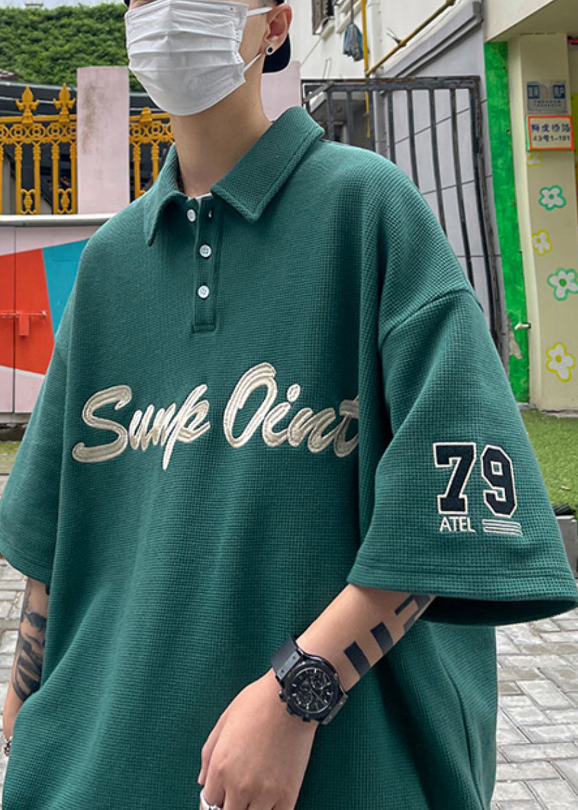 Blackish Fine Shirts Summer Letter Green Cotton Button Men Polo