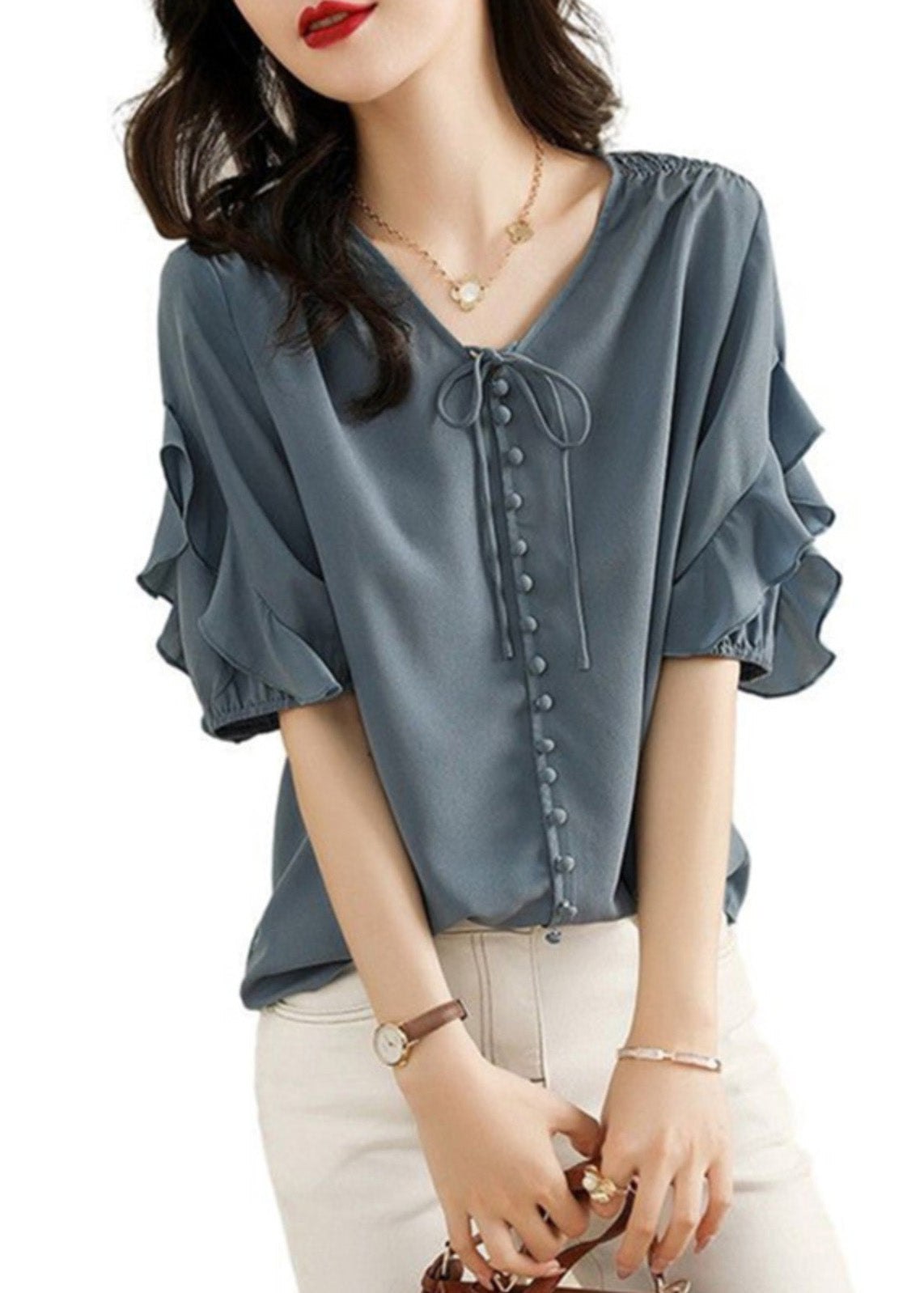 Ruffled Shirts V Chiffon Fine Summer Neck Blue Patchwork