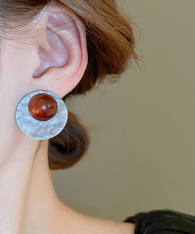 Fine Coffee Alloy Geometric Circle Resin Stud Earrings YZ011