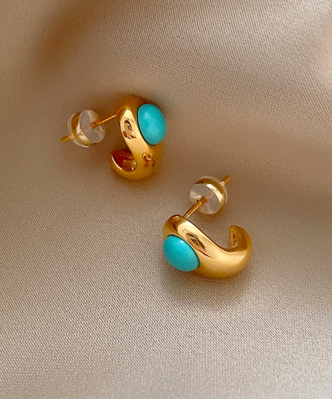 Earrings Alloy C-Shaped Copper Stud Fine Gold Turquoise