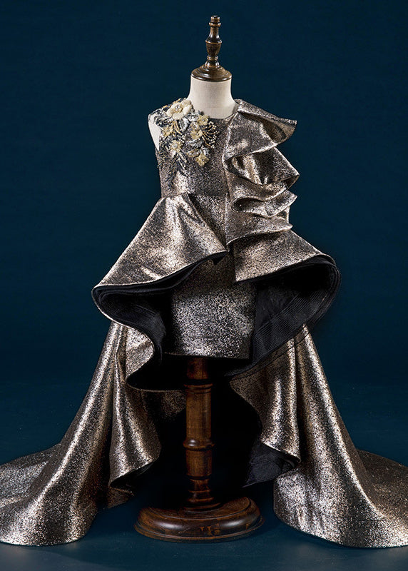 Fine Gold Patchwork Low High Design Kids Maxi Dress Sleeveless YG014