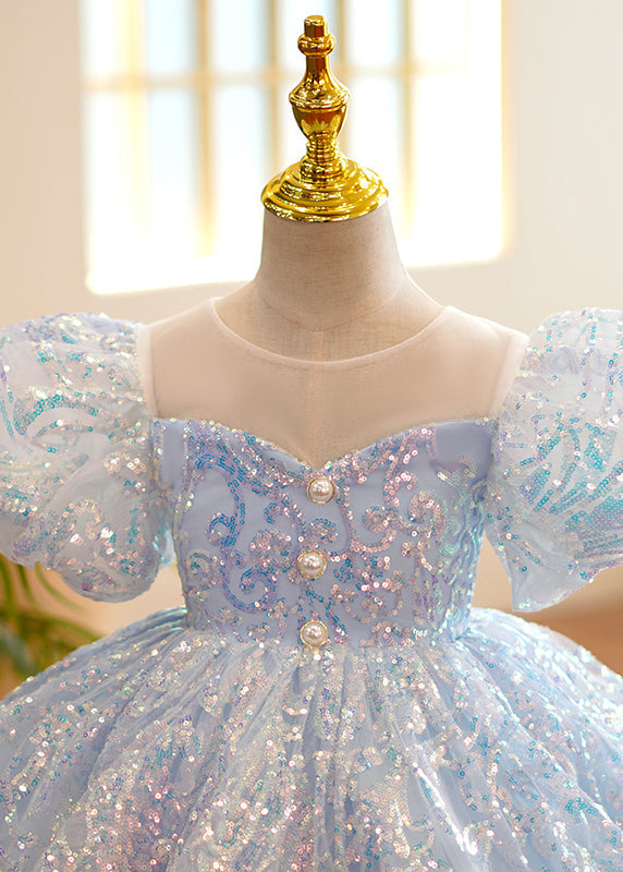 Fine Light Blue O-Neck Sequins Tulle Girls Party Long Dress Summer YS035