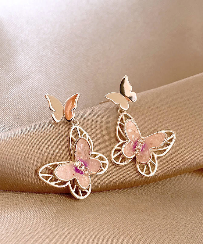 Glaze Pink Drop Butterfly Earrings Copper Hollow Fine Out
