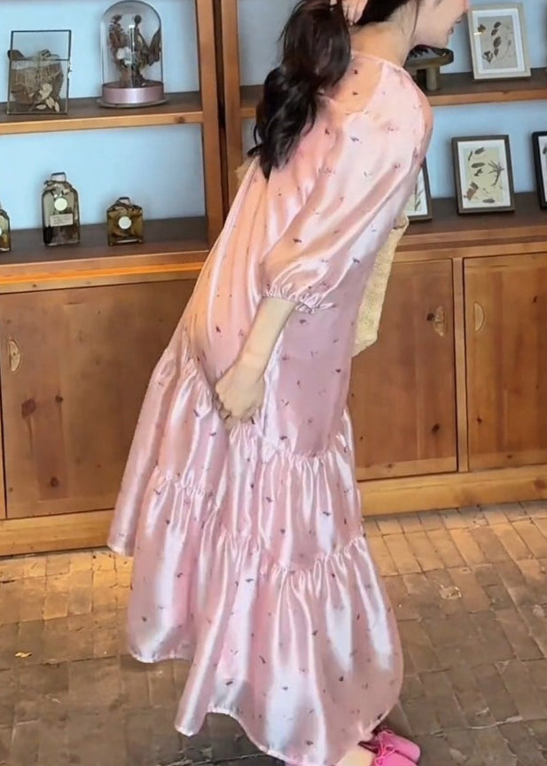 O-Neck Dress Fine Sleeve Print Pink Long Bracelet Silk