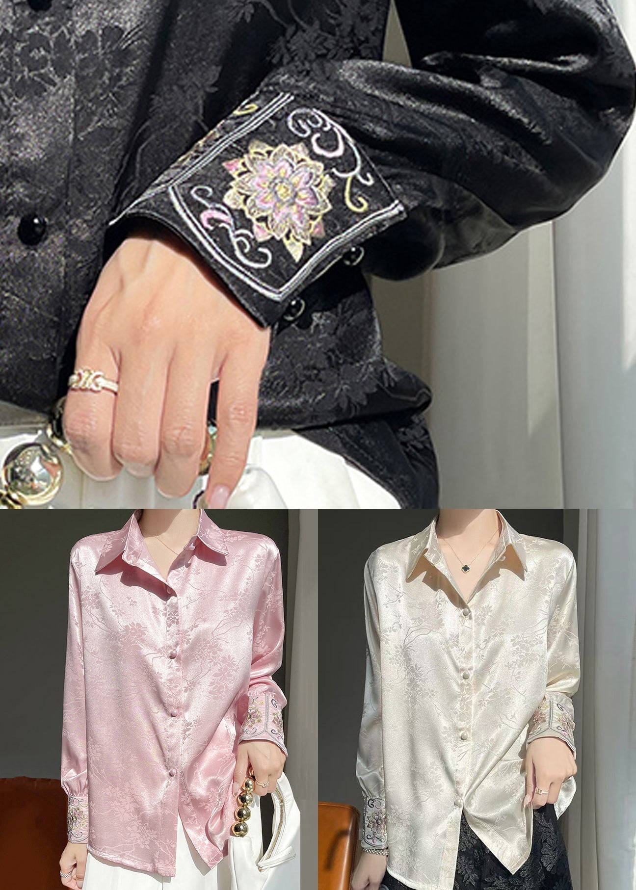 Embroidered Pan Silk Fine Pink Peter Collar Blouse