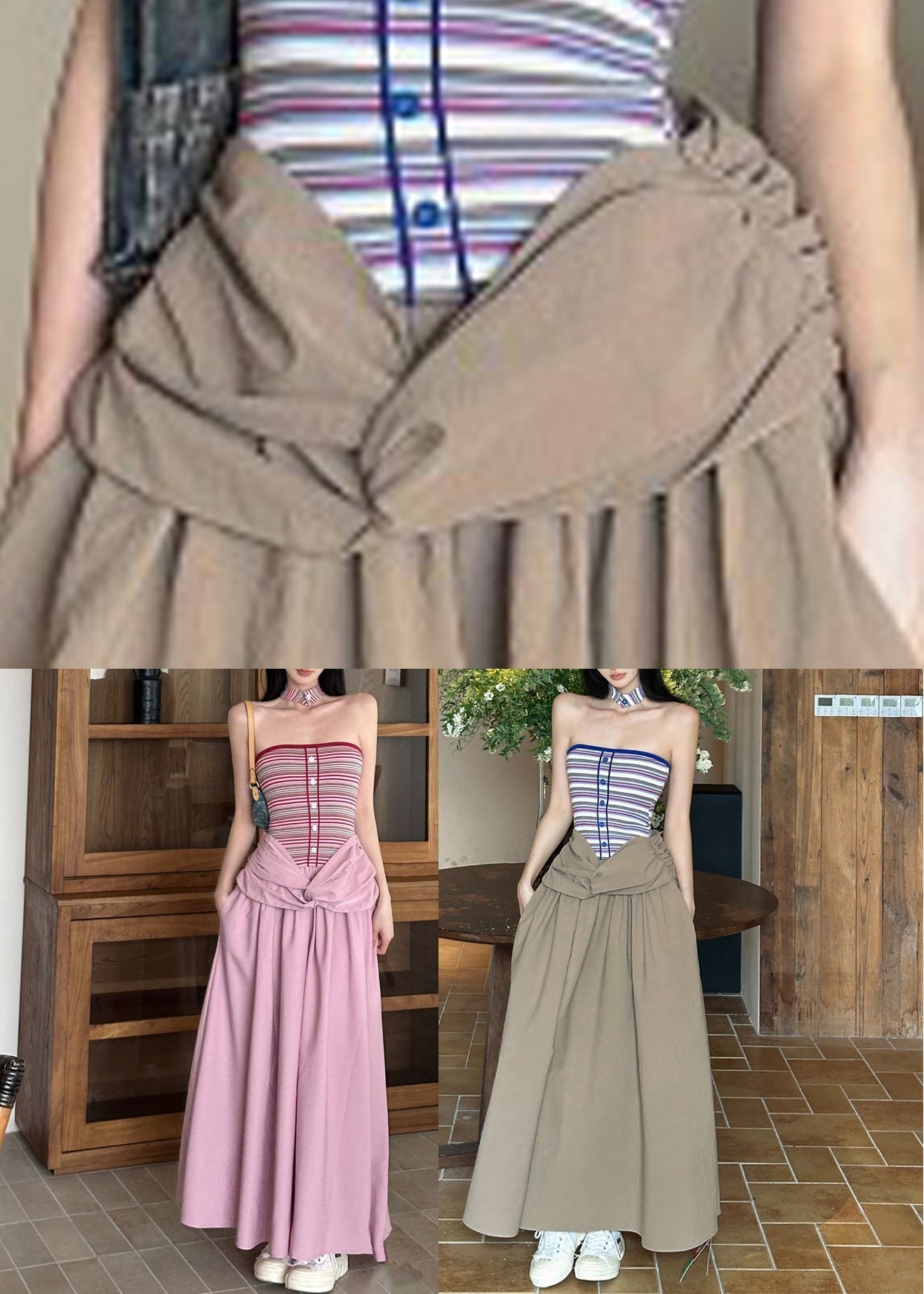 Two Patchwork Summer Dress Fake Long Striped Pink Fine Pieces