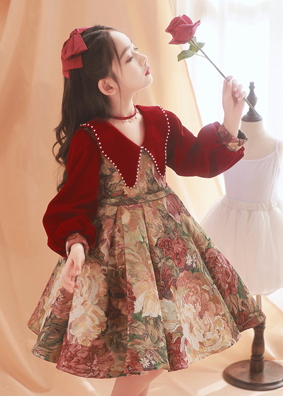 Spring Dress Maxi Collar Bead Pan Print Peter Kids Red Fine Nail