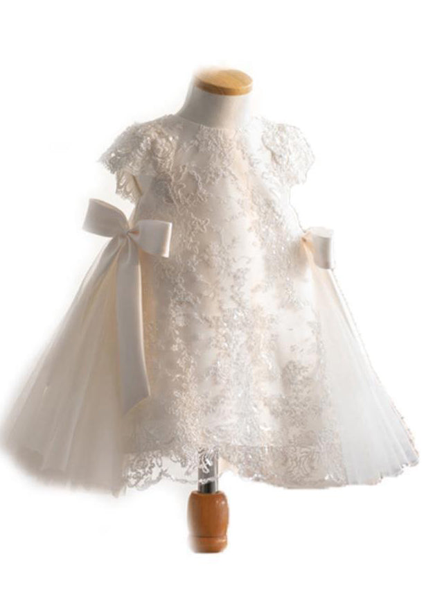 Fine White Lace Patchwork Tulle Girls Maxi Dresses Short Sleeve YS021