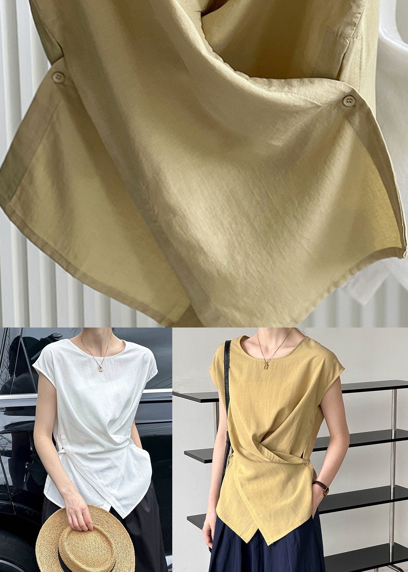 Yellow Fine Short Asymmetrical Sleeve Solid Top