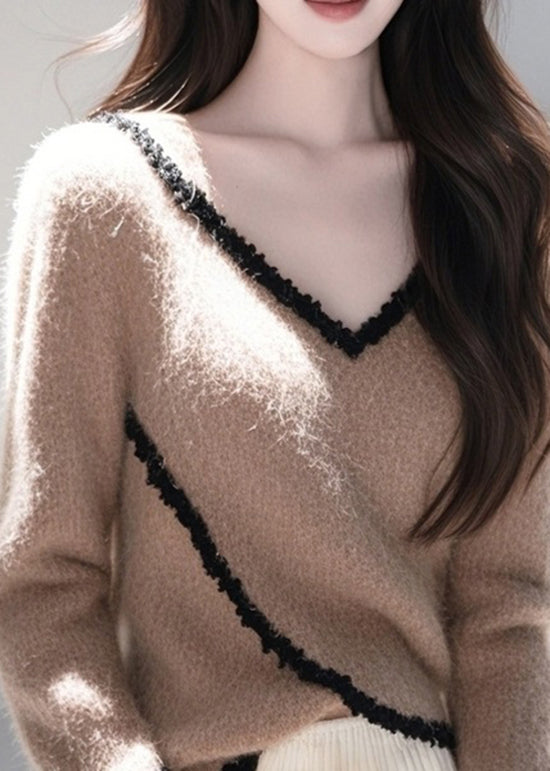 Fitted Coffee V Neck Lace Patchwork Knit Pullover Spring TO010
