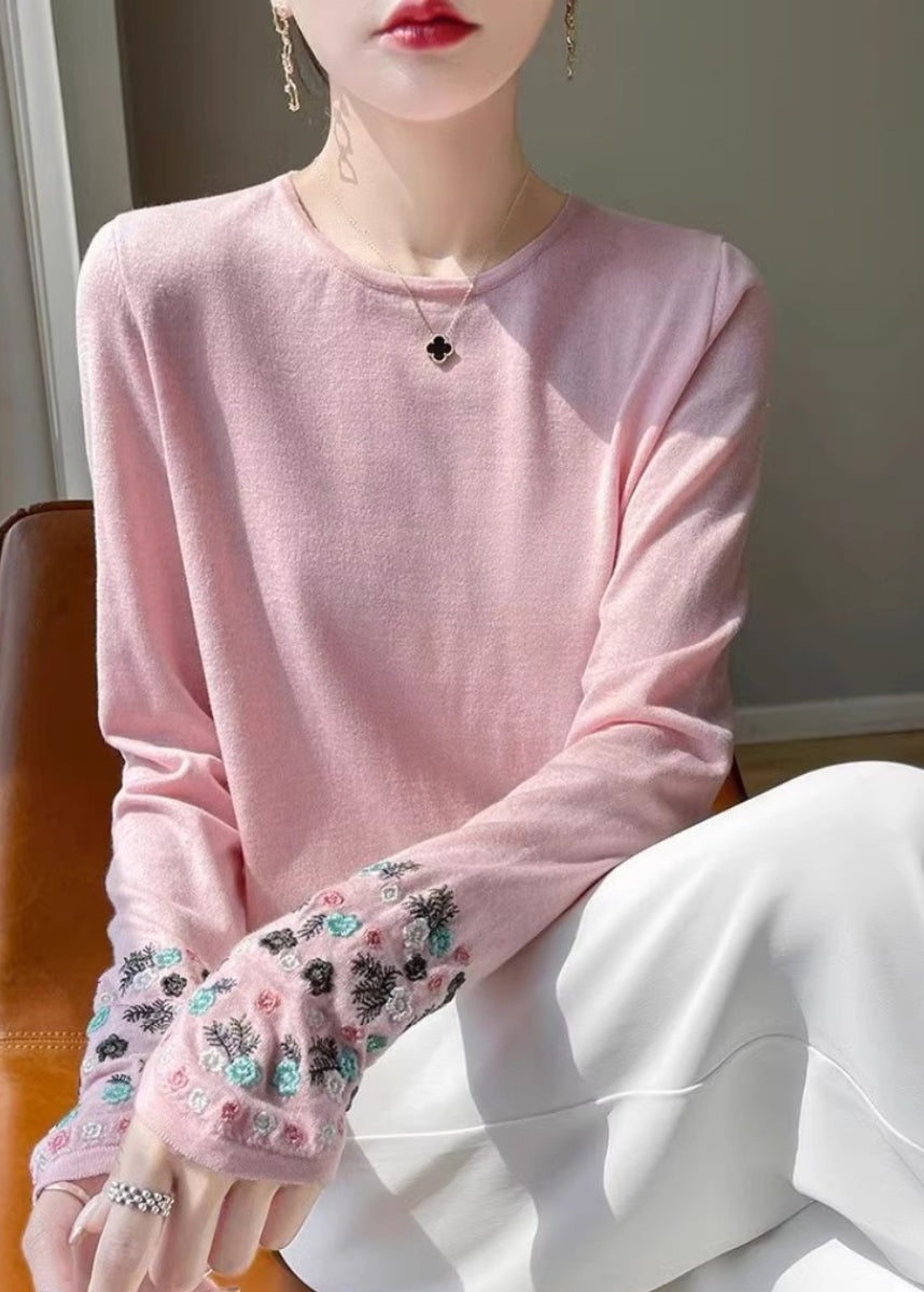 Pink Woolen Embroidered Fitted Spring Thin Sweaters