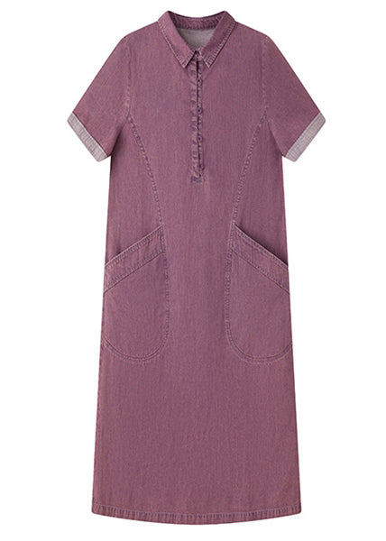 Pan Fitted Peter Day Collar Summer Dress Denim Purple Pockets
