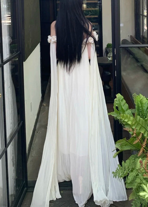 Neck Dresses Summer Maxi Solid Chiffon Floral Beige Slash