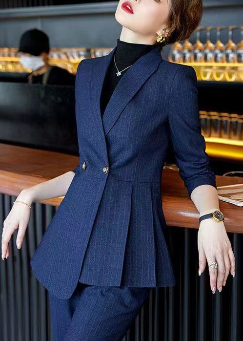 Formal Navy Wrinkled Plaid Silm Fit Coat Spring YJ054